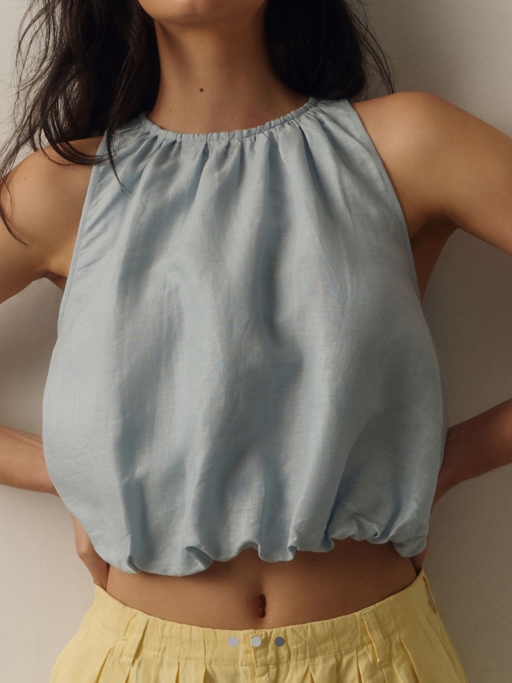 Anthropologie chambray Gathered bubble linen Crop Top -runs small